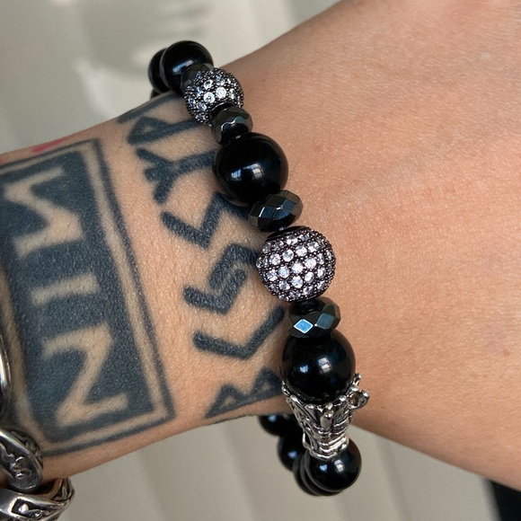 Dragon onyx bracelet . Gemstones black onyx beads cz ball & silver dragon charm - Picture 10 of 11